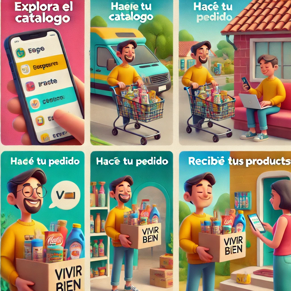 DALL·E 2024-12-02 10.52.15 - An image series illustrating the process of using Vivir Bien, styled in colorful 3D animations___1. For _Explorá el catálogo__ A cheerful person brows